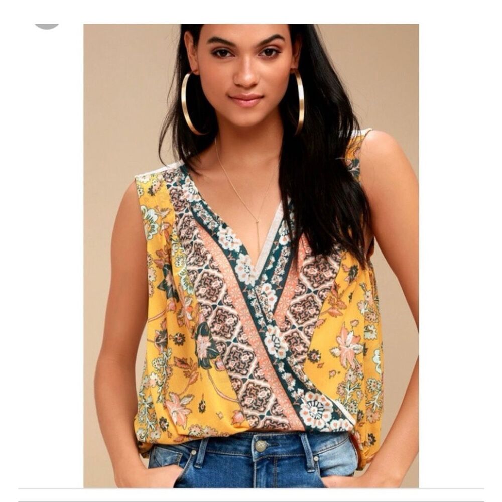 Free People Havana floral print surplice tank top in a golden yellow marigold co